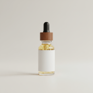 Professional e-commerce product photography of a **brandless** Beard Oil Citrus Blend (Nourish and soften facial hair with a bright citrus lift.). The entire environment is a perfectly uniform, flat, solid color #EAE9E7 (light warm gray) with absolutely no gradient, vignette, spotlighting, texture, noise, or grain. The object is centered and tiny, occupying only 25% of the frame, surrounded by massive negative space. The background and floor are a seamless, infinite cyclorama of solid color #EAE9E7 with no horizon line, no corner, and no visible wall/floor transition. Lighting: ultra-even high-key with very strong global illumination and soft, multi-directional bounced fill (studio light tent look). Bright exposure (lifted midtones and shadows, low contrast), slightly overexposed overall while preserving product detail. Fully diffuse, no hard shadows, no cast shadows; at most a barely visible neutral contact shadow. No harsh specular highlights. Framing: simple 3/4 view. Perfectly centered. Style: ultra-clean, minimalistic. No logos, no text, no distractions. 8k resolution, sharp details on the object.
