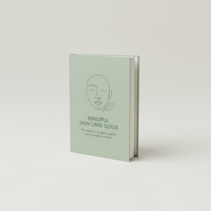 Professional e-commerce product photography of a **brandless** Mindful Skin Care Guide Book (Practical tips for gentle aging and informed routines.). The entire environment is a perfectly uniform, flat, solid color #EAE9E7 (light warm gray) with absolutely no gradient, vignette, spotlighting, texture, noise, or grain. The object is centered and tiny, occupying only 25% of the frame, surrounded by massive negative space. The background and floor are a seamless, infinite cyclorama of solid color #EAE9E7 with no horizon line, no corner, and no visible wall/floor transition. Lighting: ultra-even high-key with very strong global illumination and soft, multi-directional bounced fill (studio light tent look). Bright exposure (lifted midtones and shadows, low contrast), slightly overexposed overall while preserving product detail. Fully diffuse, no hard shadows, no cast shadows; at most a barely visible neutral contact shadow. No harsh specular highlights. Framing: simple 3/4 view. Perfectly centered. Style: ultra-clean, minimalistic. No logos, no text, no distractions. 8k resolution, sharp details on the object.