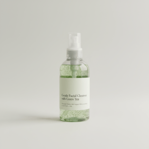 Professional e-commerce product photography of a **brandless** Gentle Facial Cleanser with Green Tea (Balanced cleanse that respects skin moisture in one simple step.). The entire environment is a perfectly uniform, flat, solid color #EAE9E7 (light warm gray) with absolutely no gradient, vignette, spotlighting, texture, noise, or grain. The object is centered and tiny, occupying only 25% of the frame, surrounded by massive negative space. The background and floor are a seamless, infinite cyclorama of solid color #EAE9E7 with no horizon line, no corner, and no visible wall/floor transition. Lighting: ultra-even high-key with very strong global illumination and soft, multi-directional bounced fill (studio light tent look). Bright exposure (lifted midtones and shadows, low contrast), slightly overexposed overall while preserving product detail. Fully diffuse, no hard shadows, no cast shadows; at most a barely visible neutral contact shadow. No harsh specular highlights. Framing: simple 3/4 view. Perfectly centered. Style: ultra-clean, minimalistic. No logos, no text, no distractions. 8k resolution, sharp details on the object.