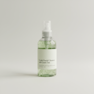 Professional e-commerce product photography of a **brandless** Gentle Facial Cleanser with Green Tea (Balanced cleanse that respects skin moisture in one simple step.). The entire environment is a perfectly uniform, flat, solid color #EAE9E7 (light warm gray) with absolutely no gradient, vignette, spotlighting, texture, noise, or grain. The object is centered and tiny, occupying only 25% of the frame, surrounded by massive negative space. The background and floor are a seamless, infinite cyclorama of solid color #EAE9E7 with no horizon line, no corner, and no visible wall/floor transition. Lighting: ultra-even high-key with very strong global illumination and soft, multi-directional bounced fill (studio light tent look). Bright exposure (lifted midtones and shadows, low contrast), slightly overexposed overall while preserving product detail. Fully diffuse, no hard shadows, no cast shadows; at most a barely visible neutral contact shadow. No harsh specular highlights. Framing: simple 3/4 view. Perfectly centered. Style: ultra-clean, minimalistic. No logos, no text, no distractions. 8k resolution, sharp details on the object.