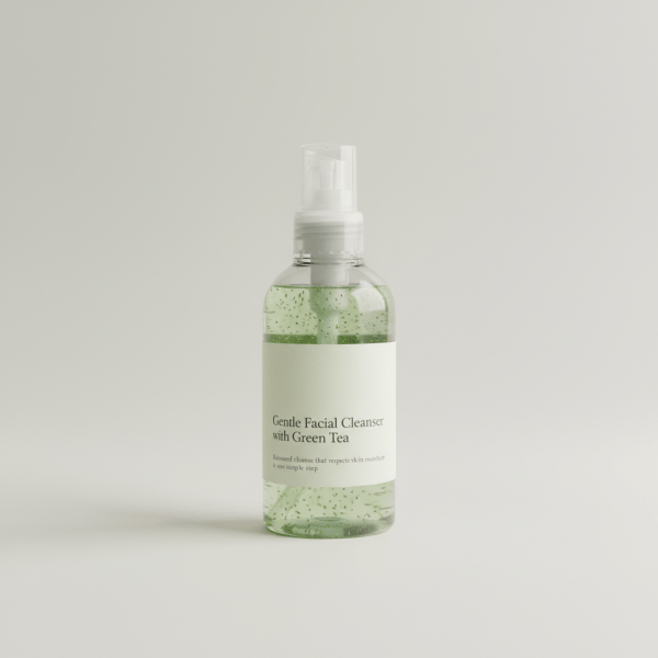 Professional e-commerce product photography of a **brandless** Gentle Facial Cleanser with Green Tea (Balanced cleanse that respects skin moisture in one simple step.). The entire environment is a perfectly uniform, flat, solid color #EAE9E7 (light warm gray) with absolutely no gradient, vignette, spotlighting, texture, noise, or grain. The object is centered and tiny, occupying only 25% of the frame, surrounded by massive negative space. The background and floor are a seamless, infinite cyclorama of solid color #EAE9E7 with no horizon line, no corner, and no visible wall/floor transition. Lighting: ultra-even high-key with very strong global illumination and soft, multi-directional bounced fill (studio light tent look). Bright exposure (lifted midtones and shadows, low contrast), slightly overexposed overall while preserving product detail. Fully diffuse, no hard shadows, no cast shadows; at most a barely visible neutral contact shadow. No harsh specular highlights. Framing: simple 3/4 view. Perfectly centered. Style: ultra-clean, minimalistic. No logos, no text, no distractions. 8k resolution, sharp details on the object.