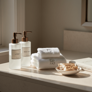 A close-up, photographic realistic shot of an elegant bathroom vanity scene featuring high-end personal care products from Emperor Star LLC: frosted glass lotion bottles, matte pump dispensers, and neatly folded white cotton towels on a light stone countertop. A small, closed hardcover book and a minimalist ceramic dish holding individually wrapped artisanal snacks sit to one side, suggesting the store’s broader offerings. Soft morning sunlight streams in from an unseen window, creating gentle reflections on the glass and subtle shadows. Captured from a slightly elevated angle with shallow depth of field, the background fades into a clean, neutral wall, reinforcing a professional, spa-like mood.