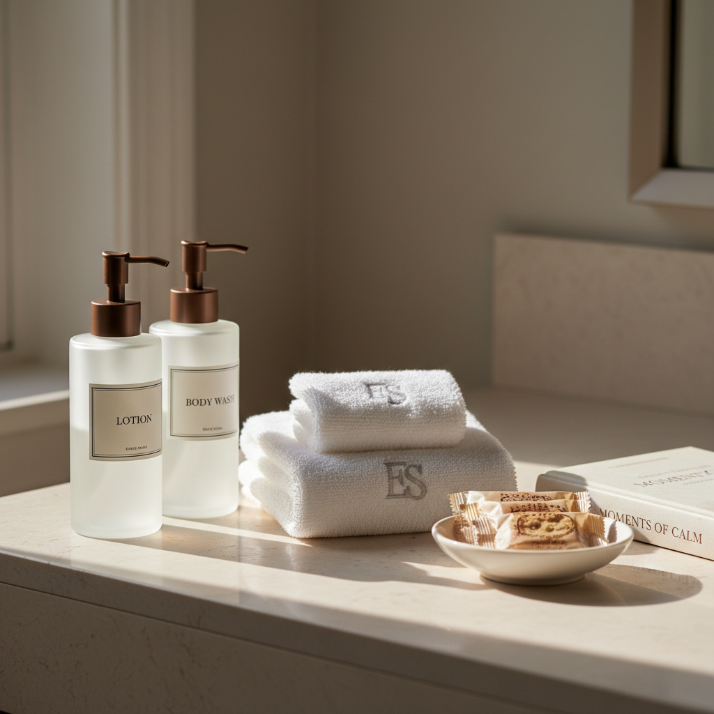 A close-up, photographic realistic shot of an elegant bathroom vanity scene featuring high-end personal care products from Emperor Star LLC: frosted glass lotion bottles, matte pump dispensers, and neatly folded white cotton towels on a light stone countertop. A small, closed hardcover book and a minimalist ceramic dish holding individually wrapped artisanal snacks sit to one side, suggesting the store’s broader offerings. Soft morning sunlight streams in from an unseen window, creating gentle reflections on the glass and subtle shadows. Captured from a slightly elevated angle with shallow depth of field, the background fades into a clean, neutral wall, reinforcing a professional, spa-like mood.