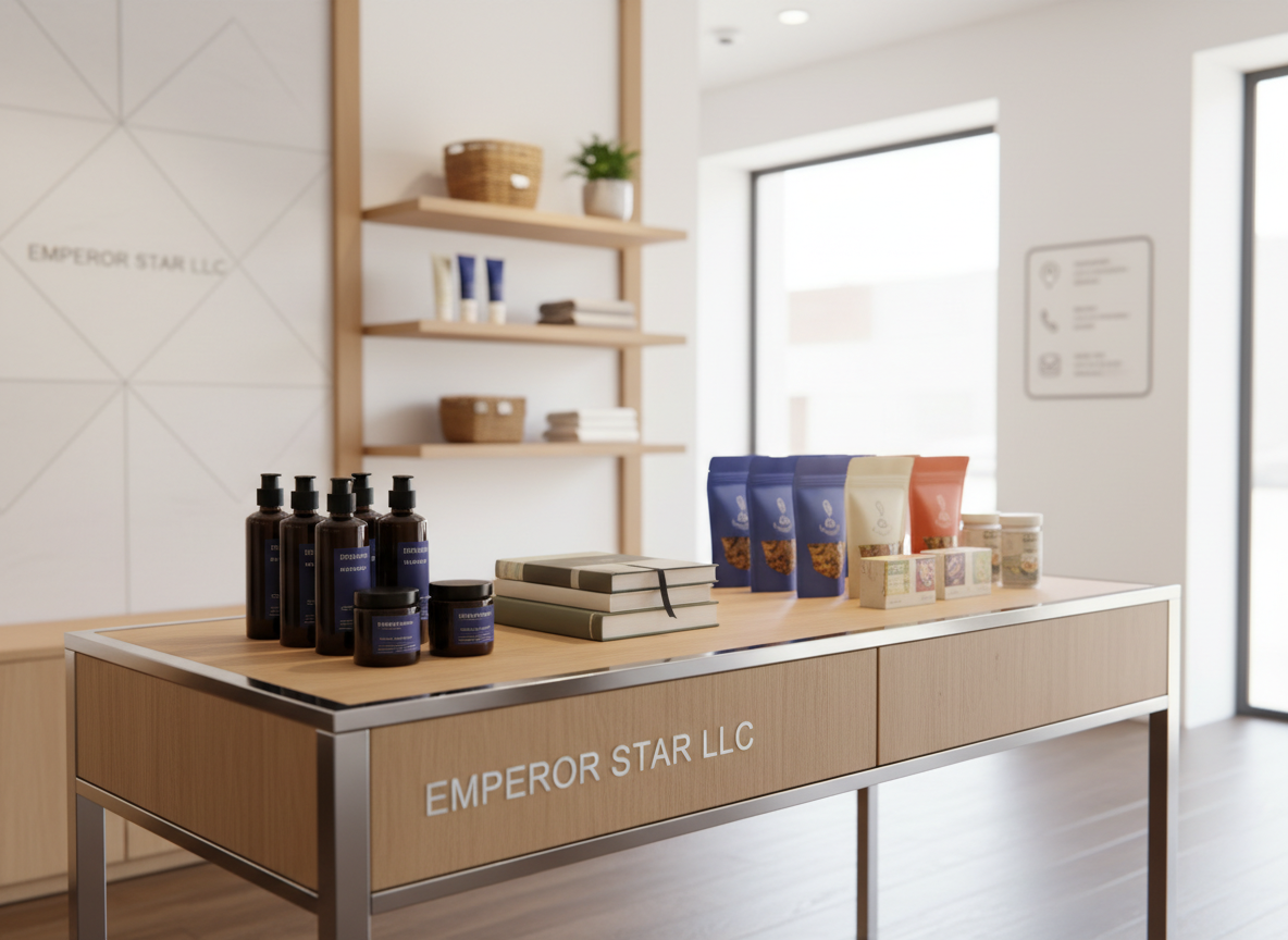 A polished, modern retail display table inside a bright, professional store labeled subtly through design as Emperor Star LLC, featuring an organized arrangement of premium personal care products, a small stack of hardbound books, and a curated selection of gourmet packaged snacks. Shelving in the softly blurred background shows more neatly arranged items and a clean wall-mounted board with simple location and contact icons instead of text. Soft, even studio-style lighting combined with gentle daylight from large front windows creates crisp highlights and minimal shadows. Photographic realism at eye level with a slight wide-angle lens, balanced composition, and a calm, trustworthy atmosphere that emphasizes quality and organization.